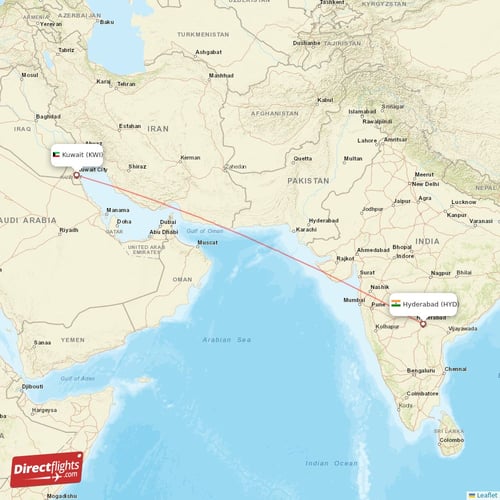 Kuwait - Hyderabad direct flight map