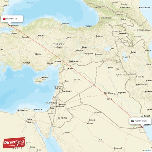Kuwait - Istanbul direct flight map