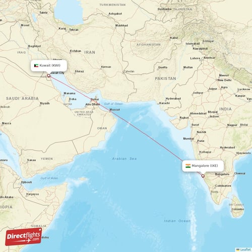 Kuwait - Mangalore direct flight map
