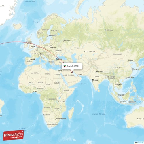 Kuwait - New York direct flight map