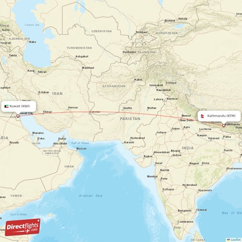 Kuwait - Kathmandu direct flight map