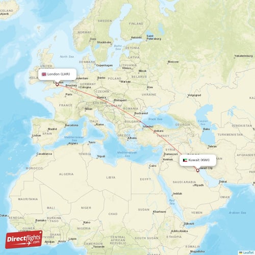 Kuwait - London direct flight map