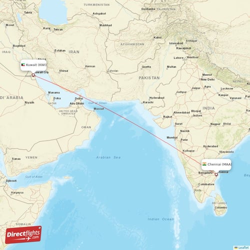 Kuwait - Chennai direct flight map
