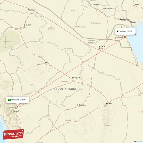 Kuwait - Madinah direct flight map