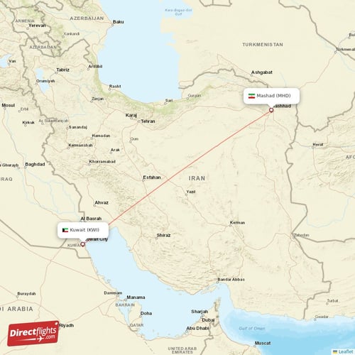Kuwait - Mashad direct flight map