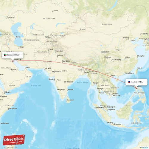 Kuwait - Manila direct flight map