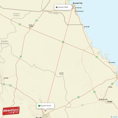 Kuwait - Riyadh direct flight map