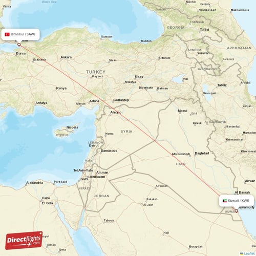 Kuwait - Istanbul direct flight map