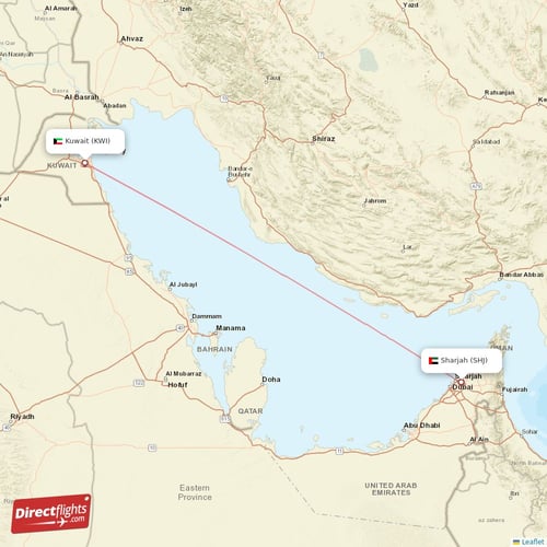 Kuwait - Sharjah direct flight map
