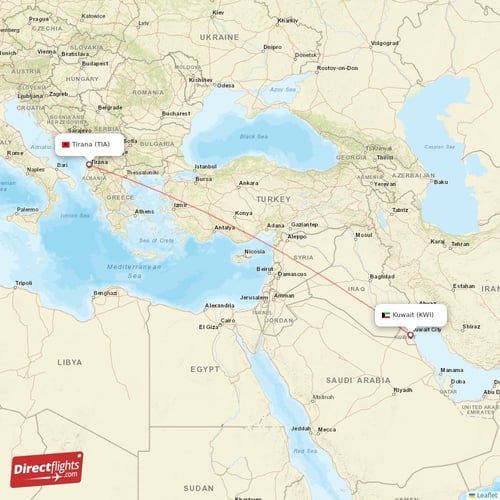 Kuwait - Tirana direct flight map