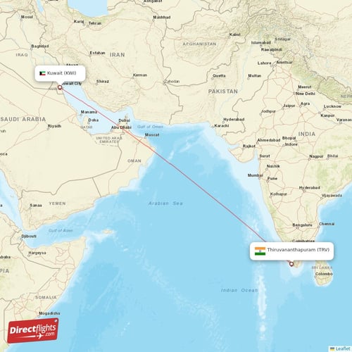 Kuwait - Thiruvananthapuram direct flight map