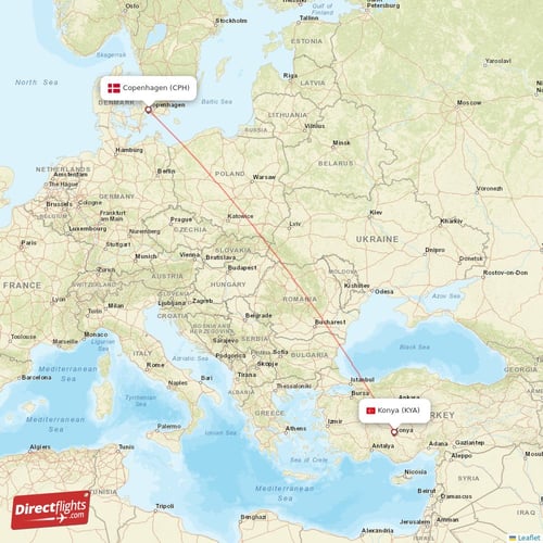 Konya - Copenhagen direct flight map