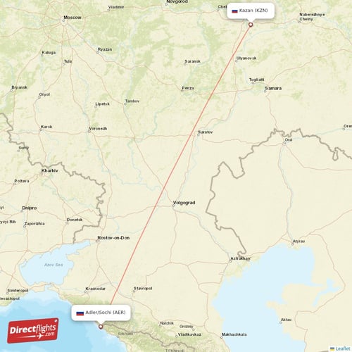 Kazan - Adler/Sochi direct flight map
