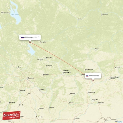 Kazan - Cherepovets direct flight map