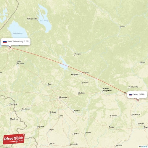 Kazan - Saint Petersburg direct flight map