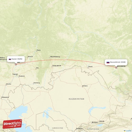 Kazan - Novosibirsk direct flight map