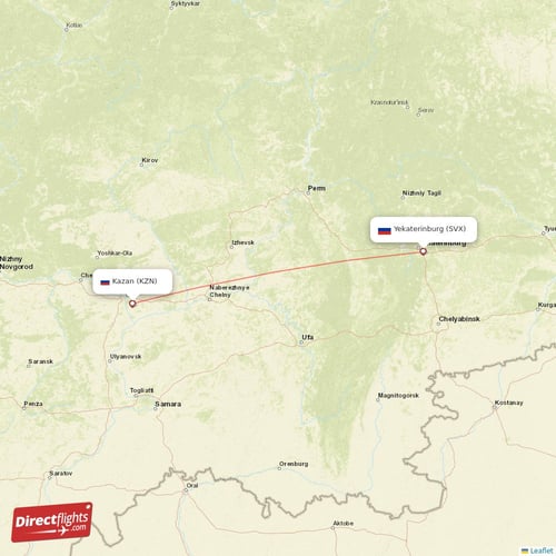 Kazan - Yekaterinburg direct flight map