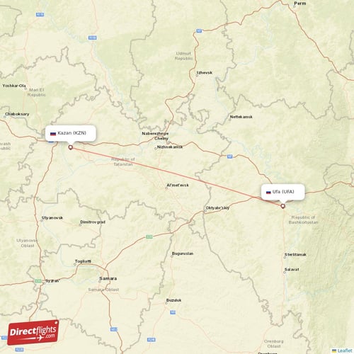 Kazan - Ufa direct flight map