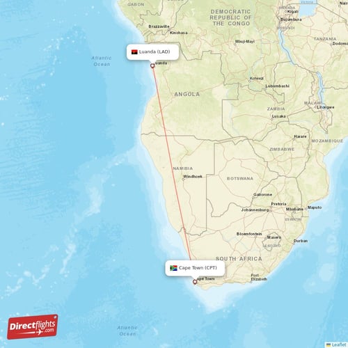 Luanda - Cape Town direct flight map
