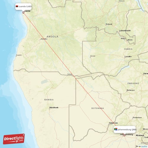 Luanda - Johannesburg direct flight map