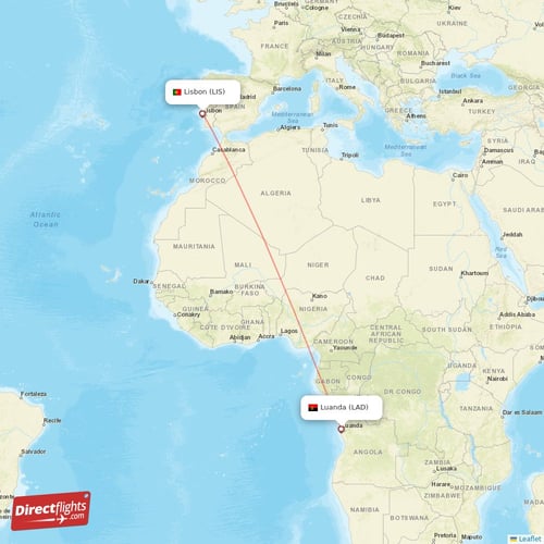 Luanda - Lisbon direct flight map