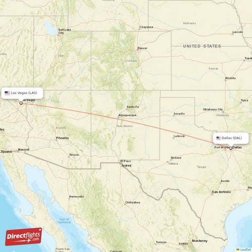 Las Vegas - Dallas direct flight map