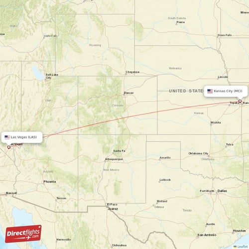 Las Vegas - Kansas City direct flight map