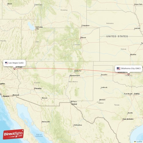 Las Vegas - Oklahoma City direct flight map