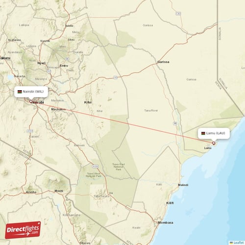 Lamu - Nairobi direct flight map