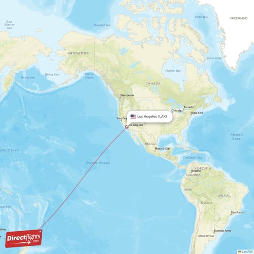 Los Angeles - Auckland direct flight map