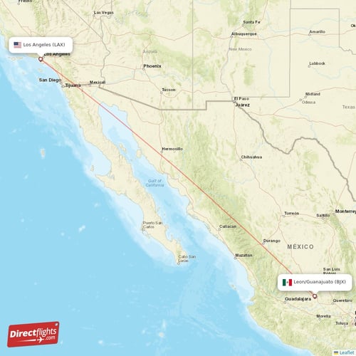 Los Angeles - Leon/Guanajuato direct flight map
