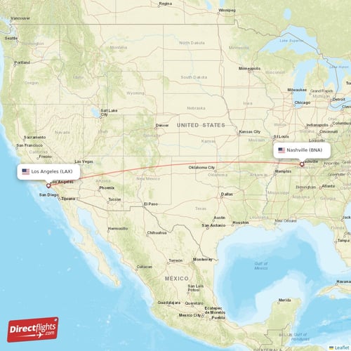 Los Angeles - Nashville direct flight map