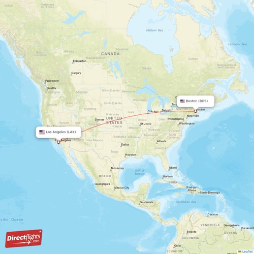 Los Angeles - Boston direct flight map