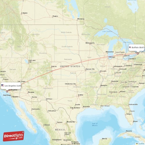 Los Angeles - Buffalo direct flight map