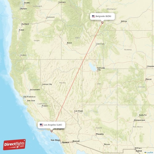 Los Angeles - Bozeman direct flight map