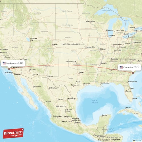 Los Angeles - Charleston direct flight map