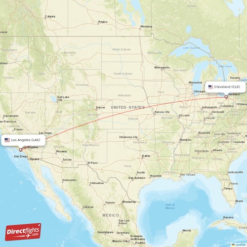 Los Angeles - Cleveland direct flight map