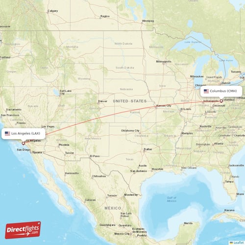 Los Angeles - Columbus direct flight map