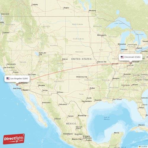 Los Angeles - Cincinnati direct flight map