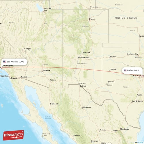 Los Angeles - Dallas direct flight map