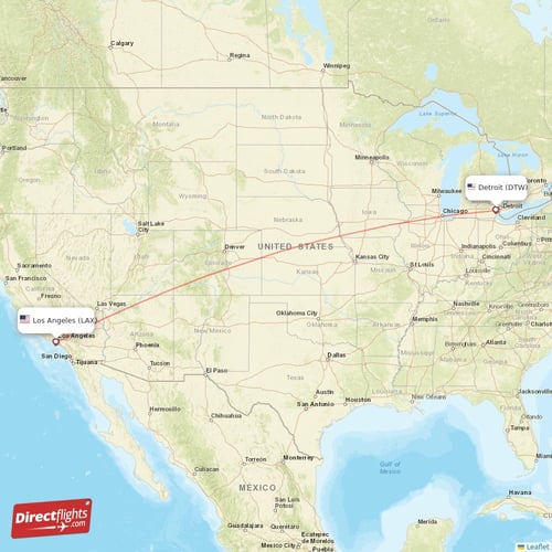 Los Angeles - Detroit direct flight map