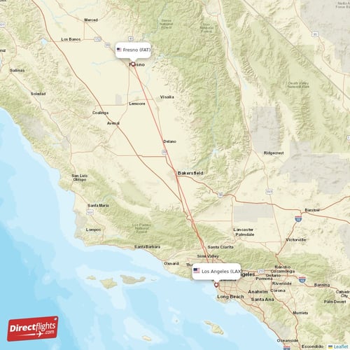 Los Angeles - Fresno direct flight map