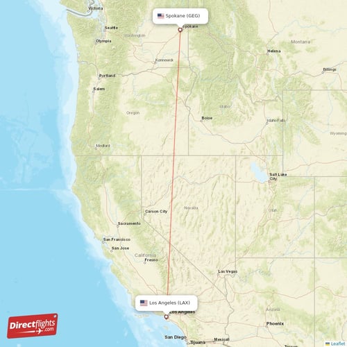 Los Angeles - Spokane direct flight map