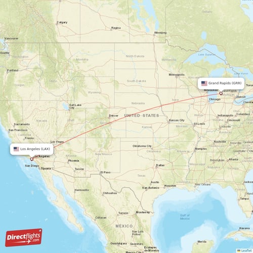 Los Angeles - Grand Rapids direct flight map