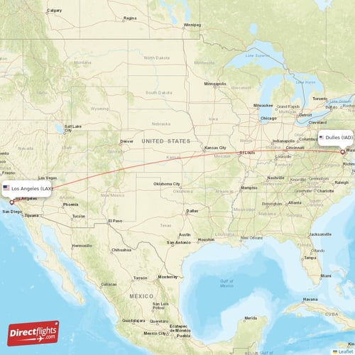 Los Angeles - Dulles direct flight map