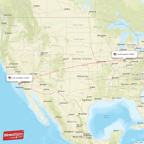 Los Angeles - Indianapolis direct flight map