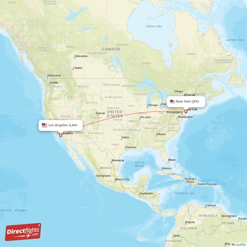 Los Angeles - New York direct flight map