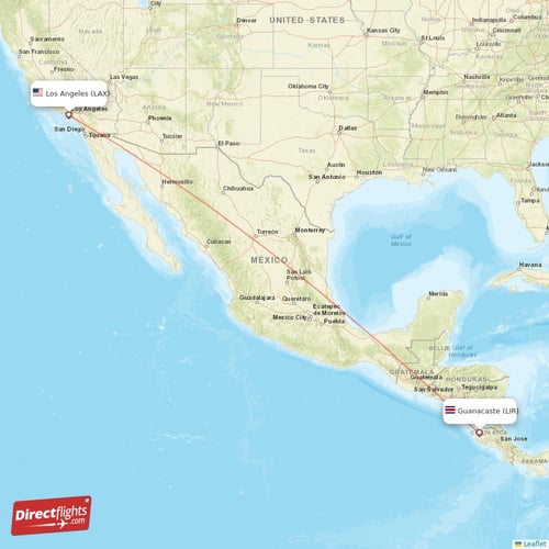 Los Angeles - Guanacaste direct flight map