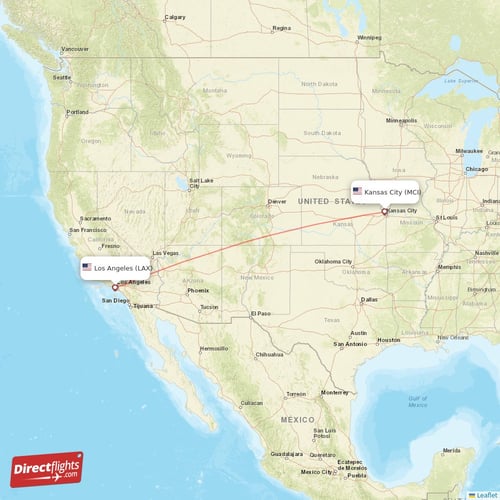 Los Angeles - Kansas City direct flight map