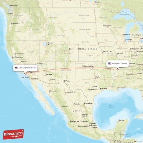 Los Angeles - Memphis direct flight map